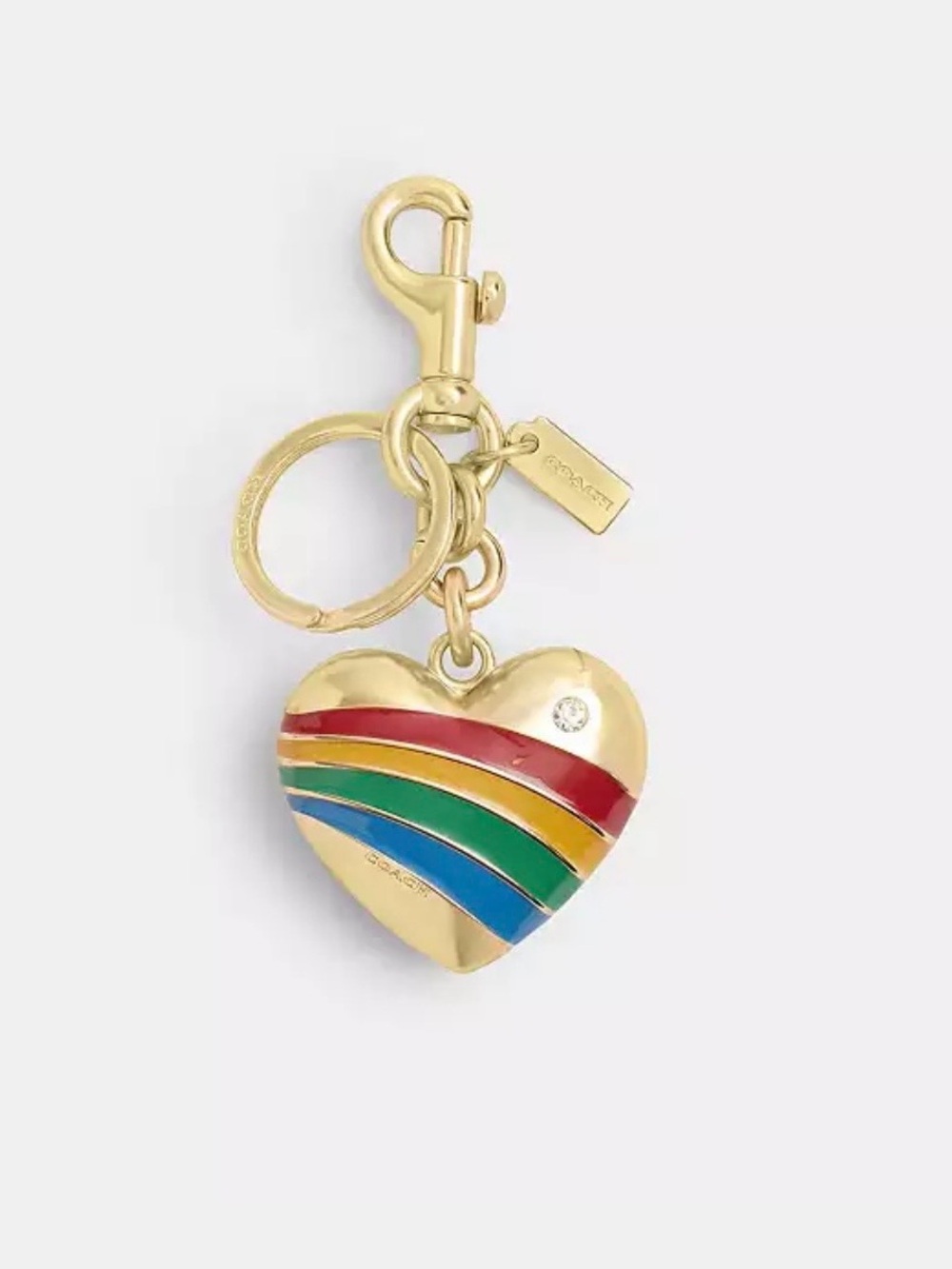 Coach rainbow heart bag charm keychain metal hangtag NWT